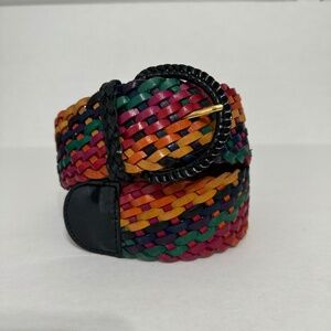Woven Genuine Leather Belt-Rainbow Color-Wide Braded-Black Buckle 37 in long